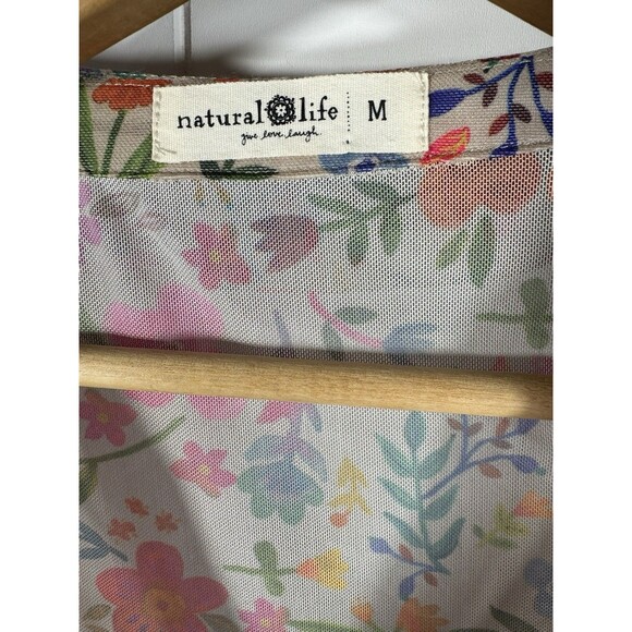 Natural Life Carina Sheer Mesh Ruched Floral Top Boho Shirt Size M - Picture 3 of 4